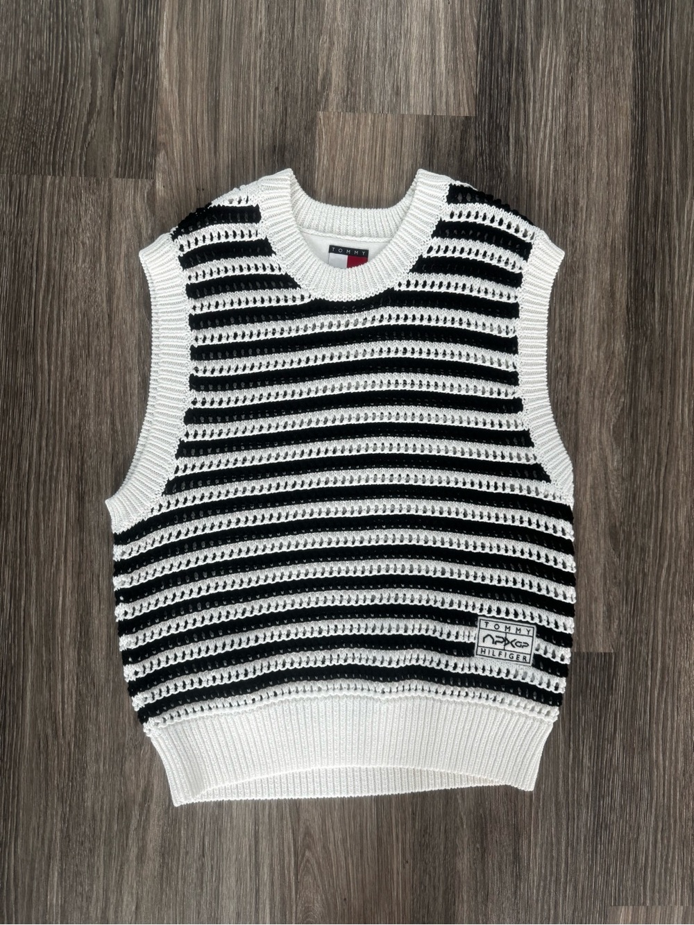 Tommy Hilfiger Black & White Open-Knit Striped Vest